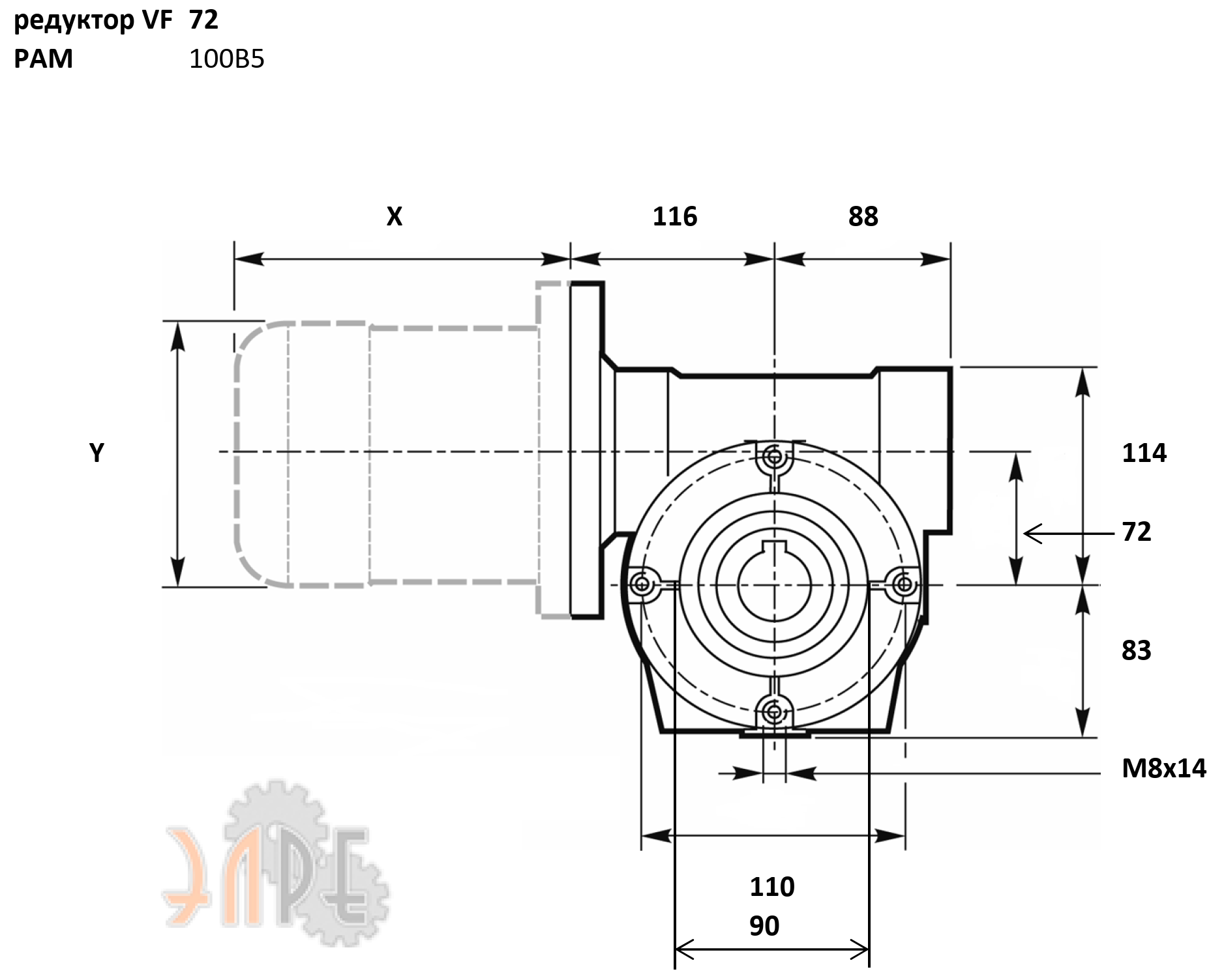 Габаритные и присоединительные размеры ЭЛРЕ VF72 (i=15) вал вх./вых. 250*28/28 мм