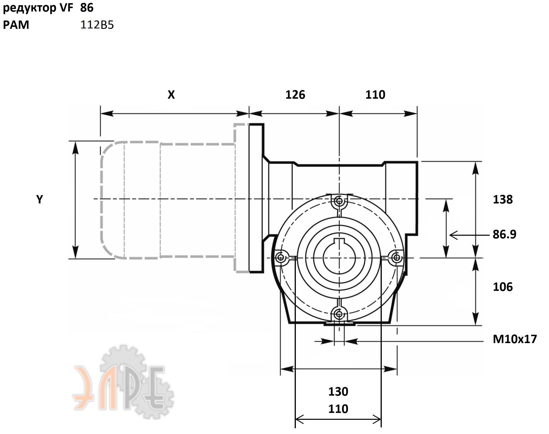 Габаритные и присоединительные размеры ЭЛРЕ VF86 (i=10) вал вх./вых. 250*28/35 мм