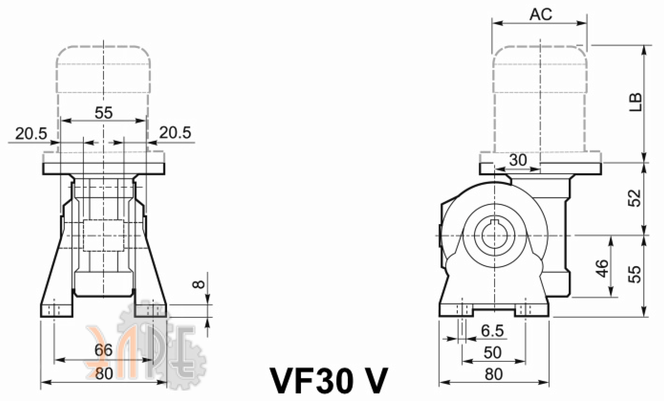 Габаритные и присоединительные размеры ЭЛРЕ VF30 V исполнение на лапах с вертикальным валом Габаритные и присоединительные размеры ЭЛРЕ VF30 V исполнение на лапах с вертикальным валом