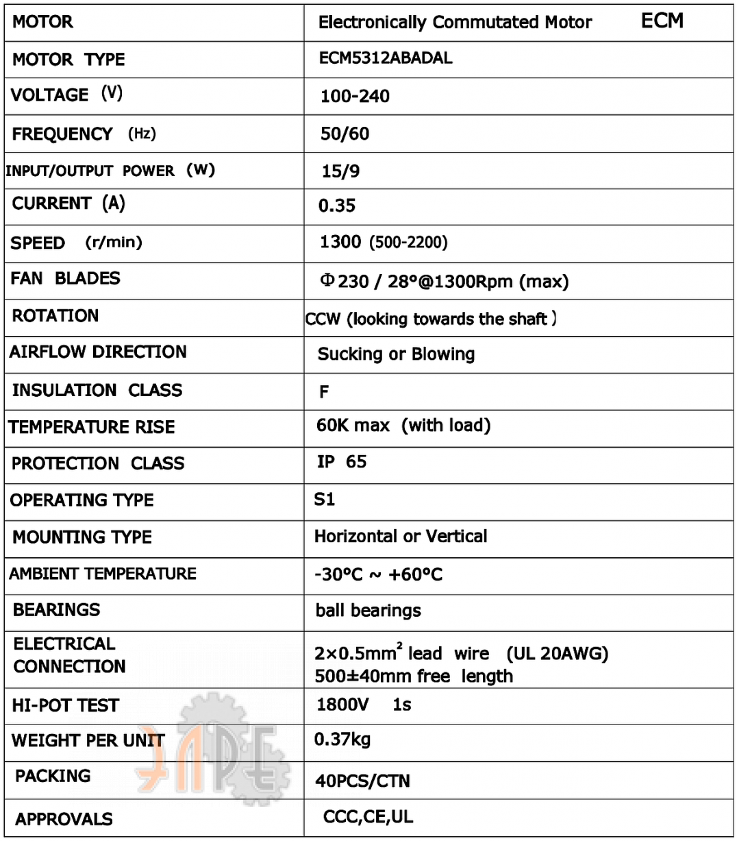 Технические характеристики Weiguang ECM5312ABADAL Технические характеристики Weiguang ECM5312ABADAL