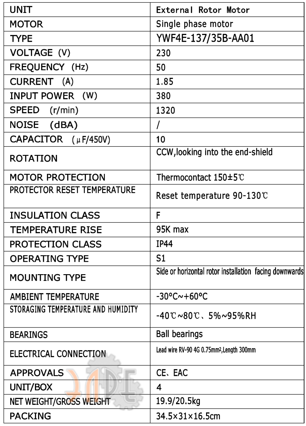 Технические характеристики Weiguang YWF4E-137/35B с внешним ротором